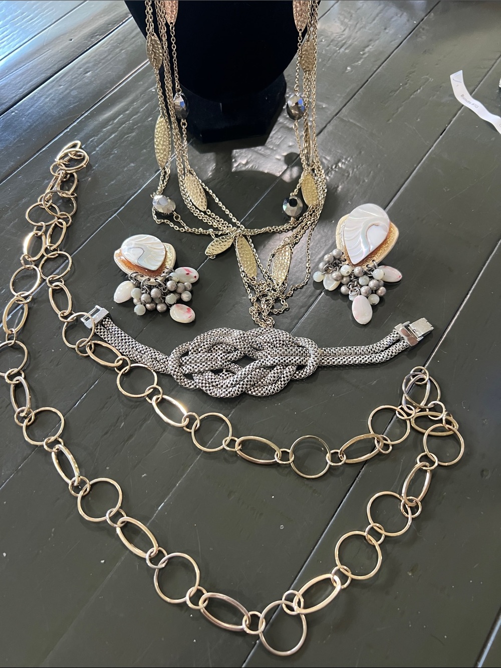 Gold-Tone Multi Strand Leaf Necklace with Matching Earrings and Bracelets